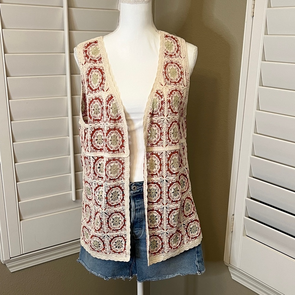 Rachel Zoe Red and Cream Crochet Vest